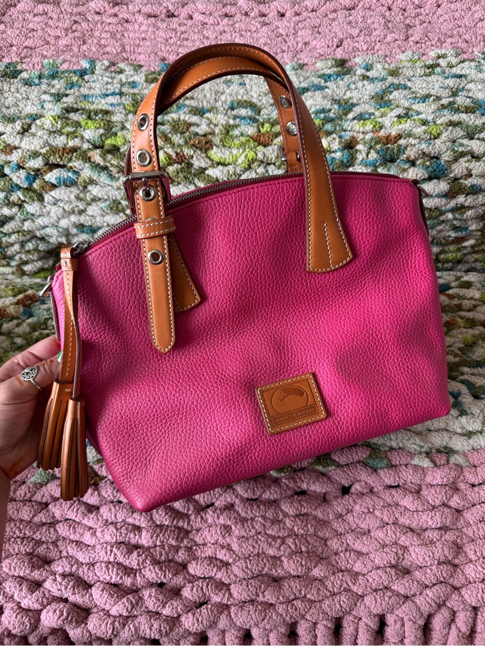Dooney & Bourke Hot Pink Pebbled Shoulder Bag with Tan Trim